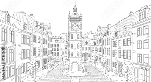 European square with fountain and buildings vector line art illustration.