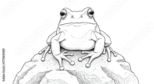 Frog sitting on rock wildlife vector line art illustration.