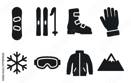 Essential winter sports gear: snowboard, skis, boots, gloves, goggles, jacket, mountain icon set