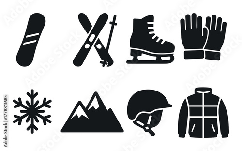 Winter sports gear icons: snowboard, skis, ice skates, gloves, snowflake, mountains, helmet, jacket