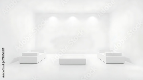 austere. Minimalist white room with simple square furniture and stark lighting. real-estate listings, architecture portfolios, designed for interior renovation comparisons for interiors.