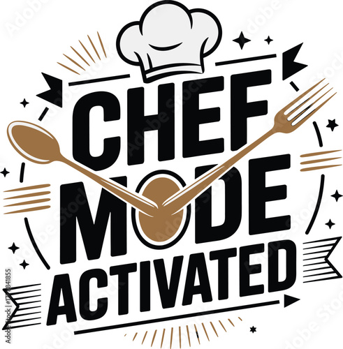 Chef mode activated design with cooking utensils and circular frame illustration
