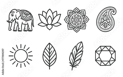 Ornate symbols: elephant, lotus, mandala, paisley, sun, leaf, gem design