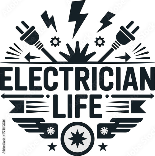 Electrician life dark monochrome design with plugs, lightning, gears and tools