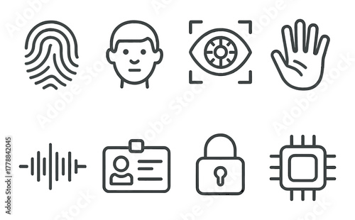 Biometric security icons featuring fingerprint, facial recognition, eye scan, and lock symbol