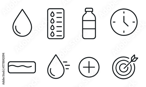 Minimalistic black icons: water, bottle, timing, drops, target