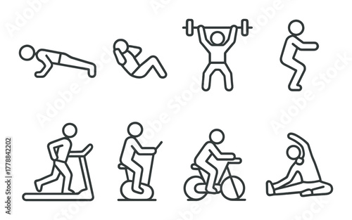 Silhouette icons of fitness exercises featuring various workouts