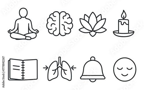 Meditation and mindfulness symbols: yoga, brain, lotus, candle, book, lungs, bell, relaxation