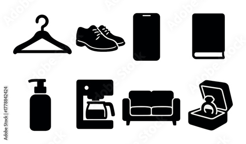 Silhouette icons of everyday objects with ring box highlighted