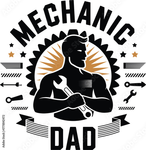Mechanic dad illustration, strong man with wrench, gears, tools and ribbons