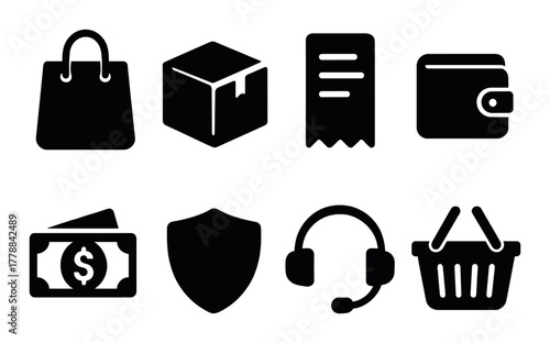 Shopping icons: bag, box, receipt, wallet, money, shield, headset, basket