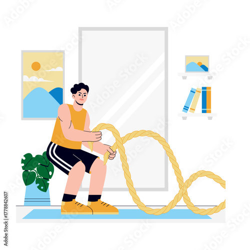 Muscular man doing rope exercise