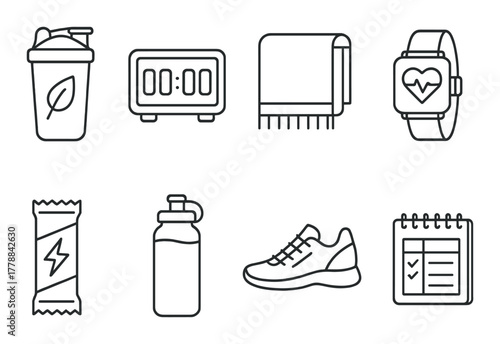 Fitness workout essentials: bottle, towel, smartwatch, sneakers
