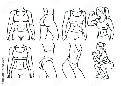 Female fitness poses outline - exercise silhouettes in various workout stances