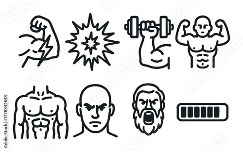 Set of 8 fitness and strength icons featuring muscles and weights
