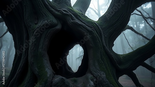 hollow. A dark hollow in an ancient tree within a misty, mysterious forest. ESG reports, sustainability campaigns, designed for sustainability communications and ESG reporting.
