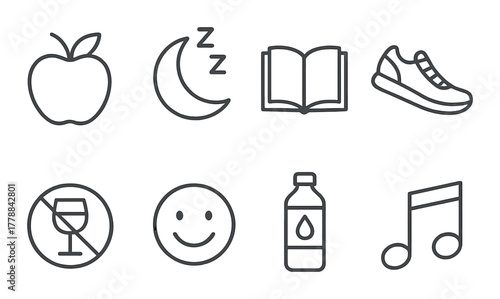 Minimalist health and wellness icons featuring fitness and lifestyle symbols