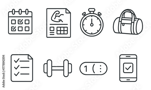 Fitness icons including calendar, dumbbell, stopwatch, and gym bag for workout planning