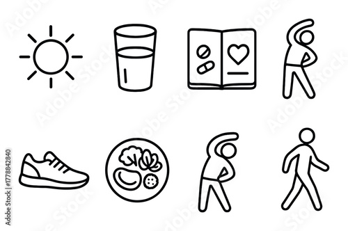 Healthy lifestyle icons: sun, water, exercise, nutrition tips, fitness routines