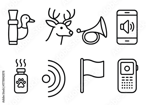 Hunting symbols: duck call, deer head, horn, sound icons and more