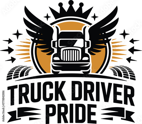 Truck driver pride design showing a truck with wings, crown, and stars on transparent background