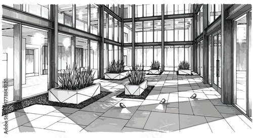 Modern interior architecture perspective vector line art illustration.