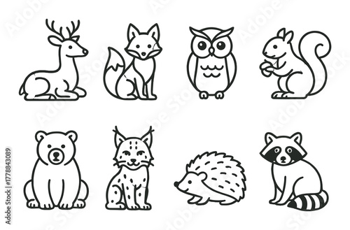 Cartoon woodland animals: deer, fox, owl, squirrel, bear, lynx, hedgehog, raccoon