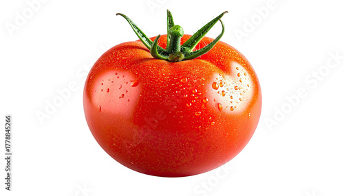 Red tomato with green stem, water droplets. Isolated on black