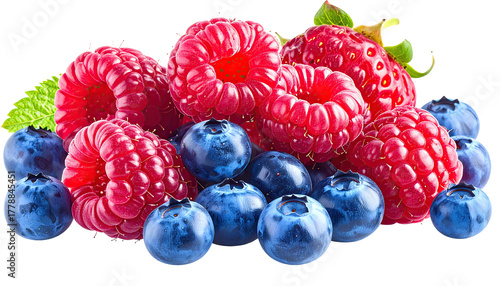 Stacked vibrant raspberries, blueberries, and strawberries