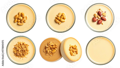 Six dishes with peanuts & peanut butter, arrayed