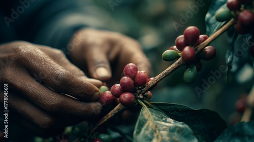 Hands picking coffee cherries
