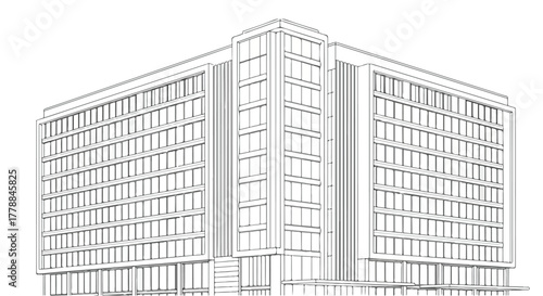 Office building facade perspective architecture vector line art illustration.