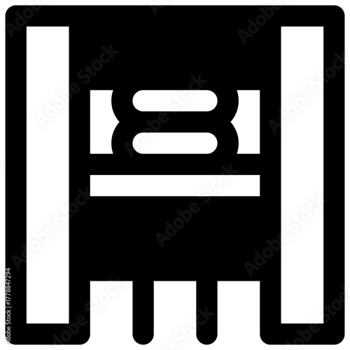 Early printing press. Outlined stroke vector icon with black-filled details.