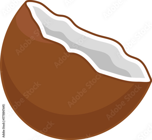Cartoon Half Coconut Illustration. Tropical Fruit with Brown Shell and White Flesh Vector Graphic.