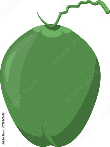Vibrant green young coconut cartoon illustration, isolated tropical fruit for refreshing beverages