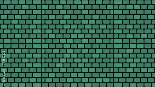 A full frame shot of a green brick wall pattern with dark grout and rounded edges on the bricks