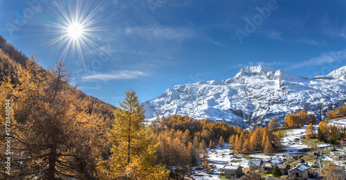 beautiful autumnal scenic landscape from  village le Monal in alpine valley  ...