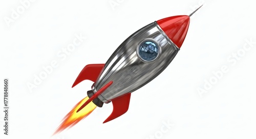 Rocket Soars Chrome Spacecraft Launching on White.