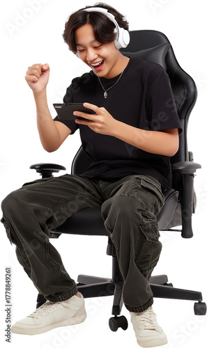 Teen gamer playing on mobile transparent background
