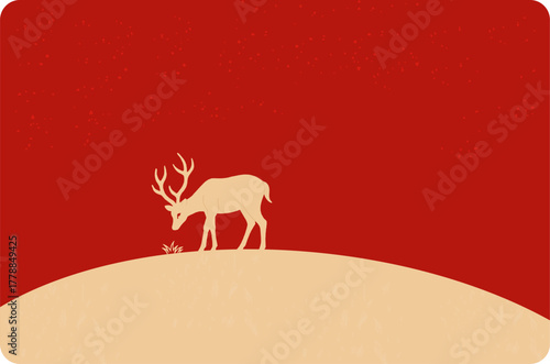 A simple and elegant illustration of a white reindeer silhouette grazing on a red background. Perfect for a festive Christmas postcard.
