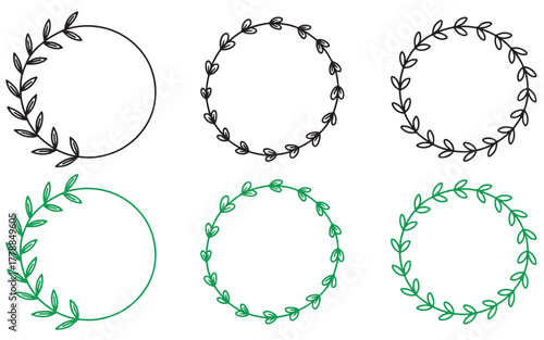 Elegant circular frames with leaves ideal for wedding invitations and logo designs available in black and green