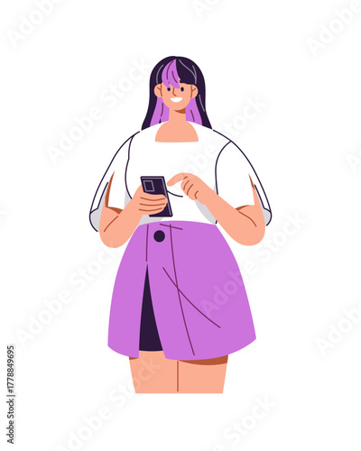 Happy girl is texting by mobile phone. Young woman holds smartphone, talks in chat. Teen communicates by messages in social networks on telephone. Flat isolated vector illustration on white background