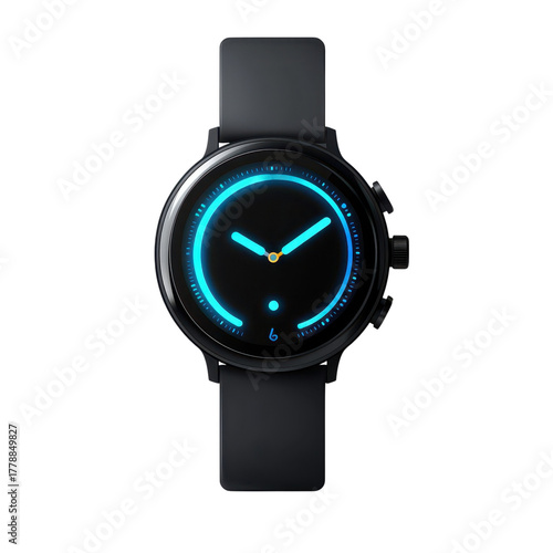 Modern smartwatch displays time with a sleek blue interface on transparent background