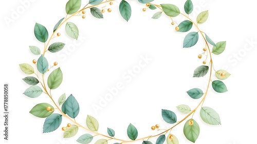 A circular wreath of watercolor leaves with gold accents, exuding artistic charm and harmony.