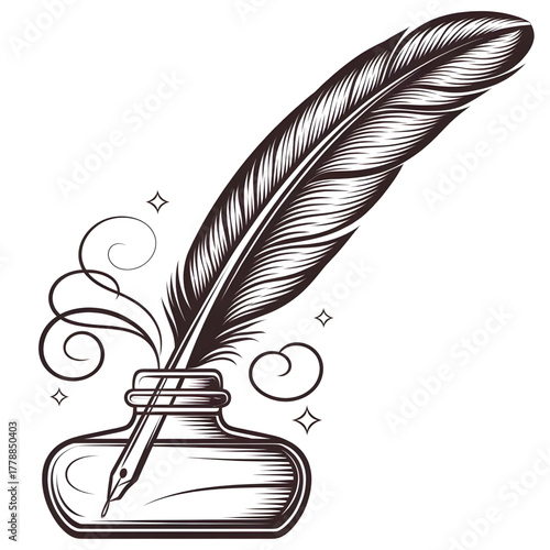 A classic feather quill pen with an ink bottle on a vintage desk, symbolizing writing, history, art, and creativity.
