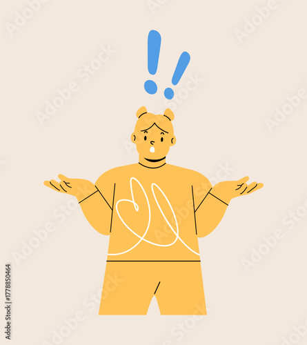 Shocked girl with exclamation marks. Colorful vector illustration