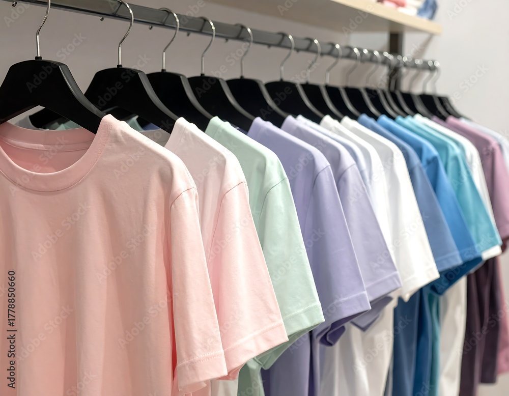Fototapeta premium Close-up of colorful t-shirts hanging on a rack, arranged neatly