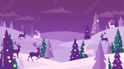 A winter landscape scene with reindeer among snow-covered hills and decorated Christmas trees, set against a purple sky.