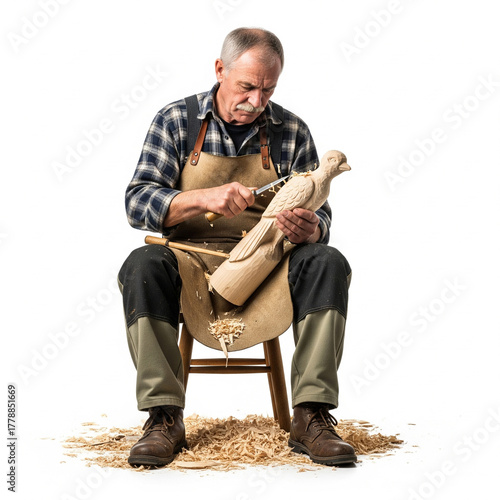 Senior artisan with a mustache patiently carving a wooden bird sculpture, a traditional craft hobby isolated on white