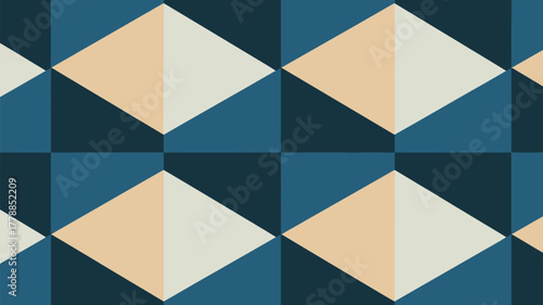 Repeating pattern of blue squares and triangles forming diamonds in a geometric arrangement design art